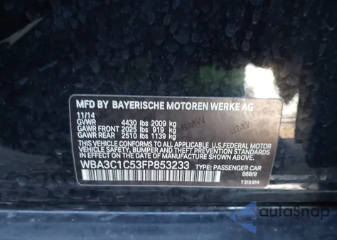 2015 BMW 328I из США, поврежденный, VIN WBA3C1C53FP853233